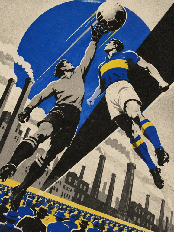 Poster final Liga Kota: penyerang Vanguard dan kiper berbenturan di udara di atas bola raksasa, lingkaran kobalt dan baji hitam di belakang